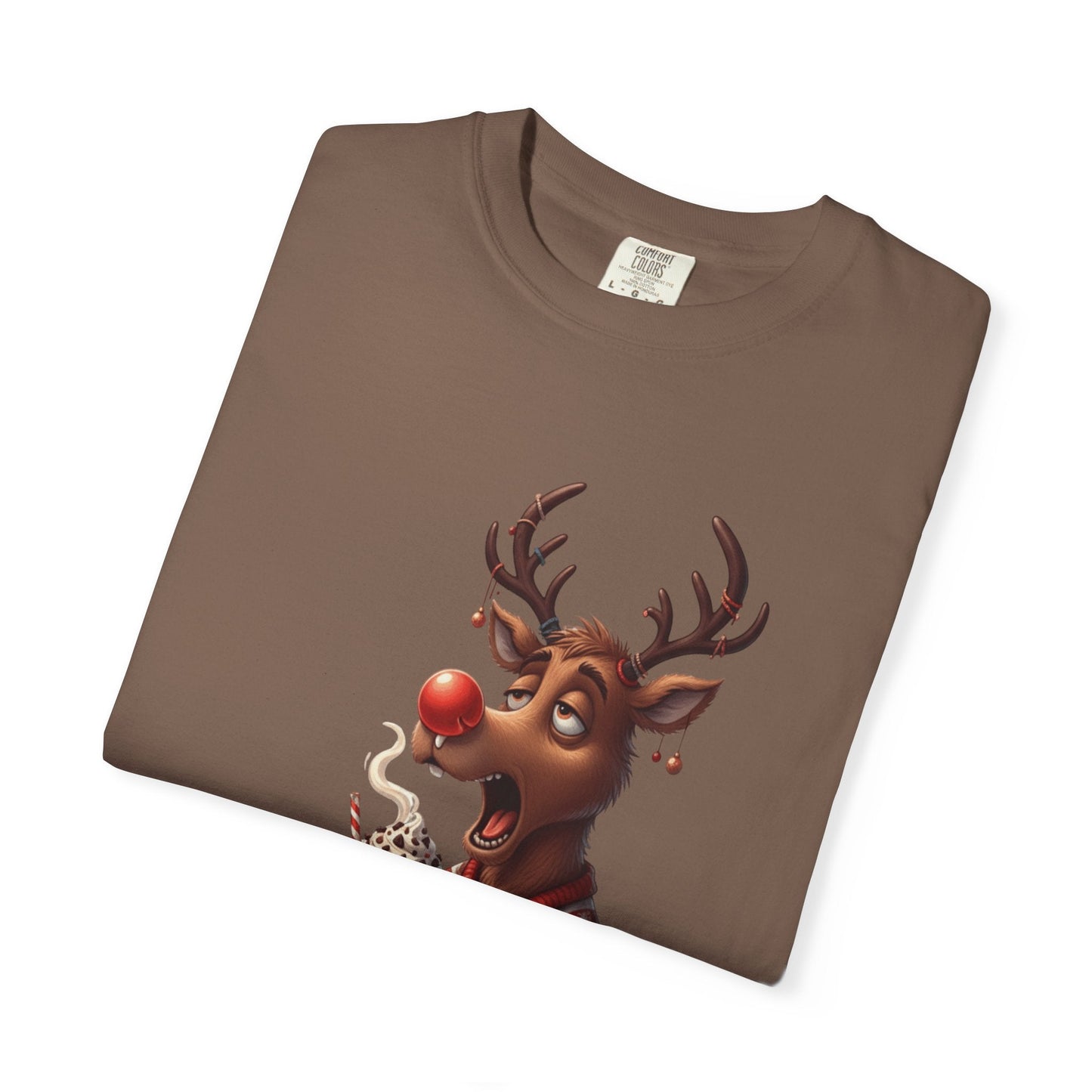Holiday Hustle: Festive Reindeer Fatigue, Digital Christmas Illustration T-shirt – Custom T-Shirt by PixelCraft360, unique decoration for events and special gifts