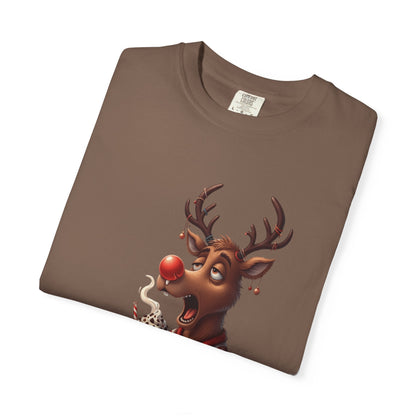 Holiday Hustle: Festive Reindeer Fatigue, Digital Christmas Illustration T-shirt – Custom T-Shirt by PixelCraft360, unique decoration for events and special gifts