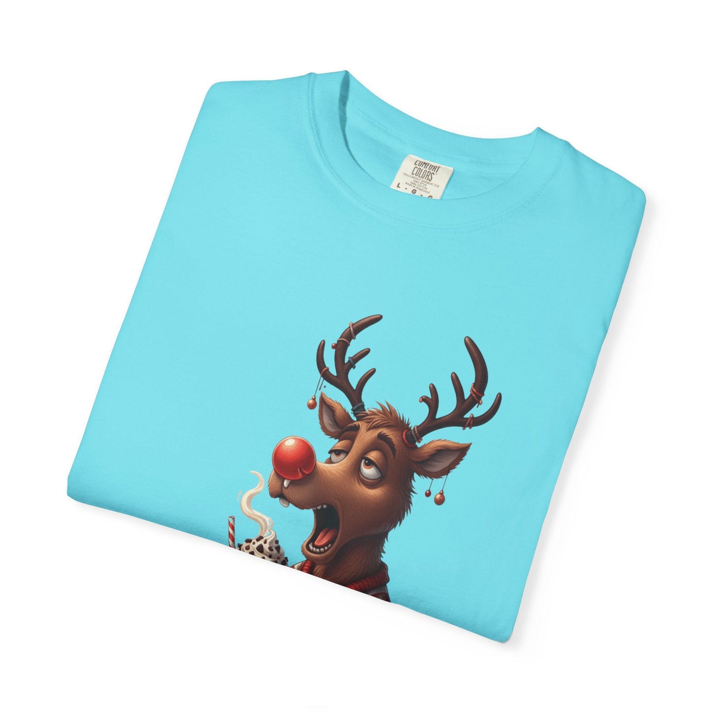 Holiday Hustle: Festive Reindeer Fatigue, Digital Christmas Illustration T-shirt – Custom T-Shirt by PixelCraft360, unique decoration for events and special gifts