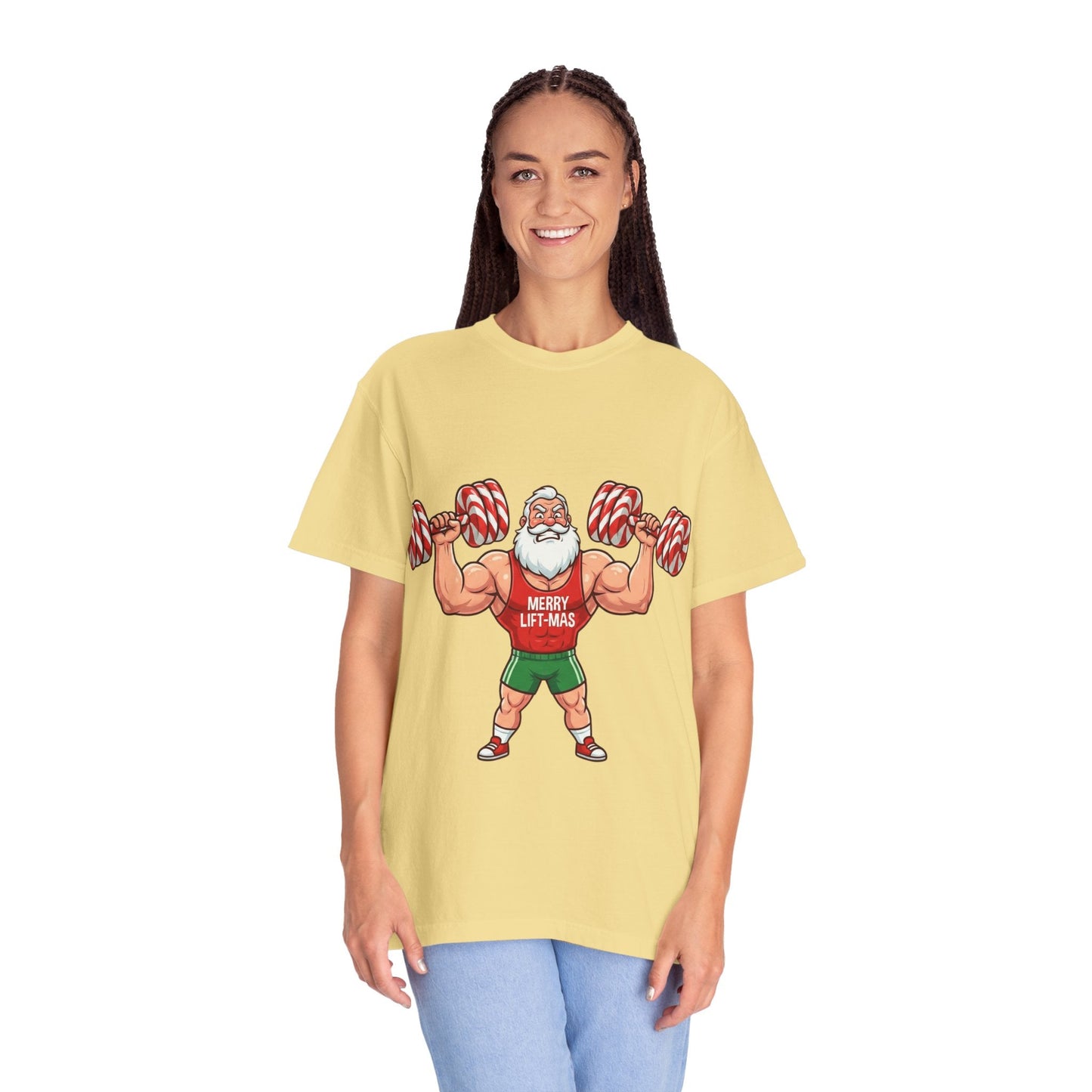 Lift - Mas: Holiday Fitness Fusion, Muscular Santa Comic Book StyleT-Shirt – Custom T-Shirt by PixelCraft360, unique decoration for events and special gifts