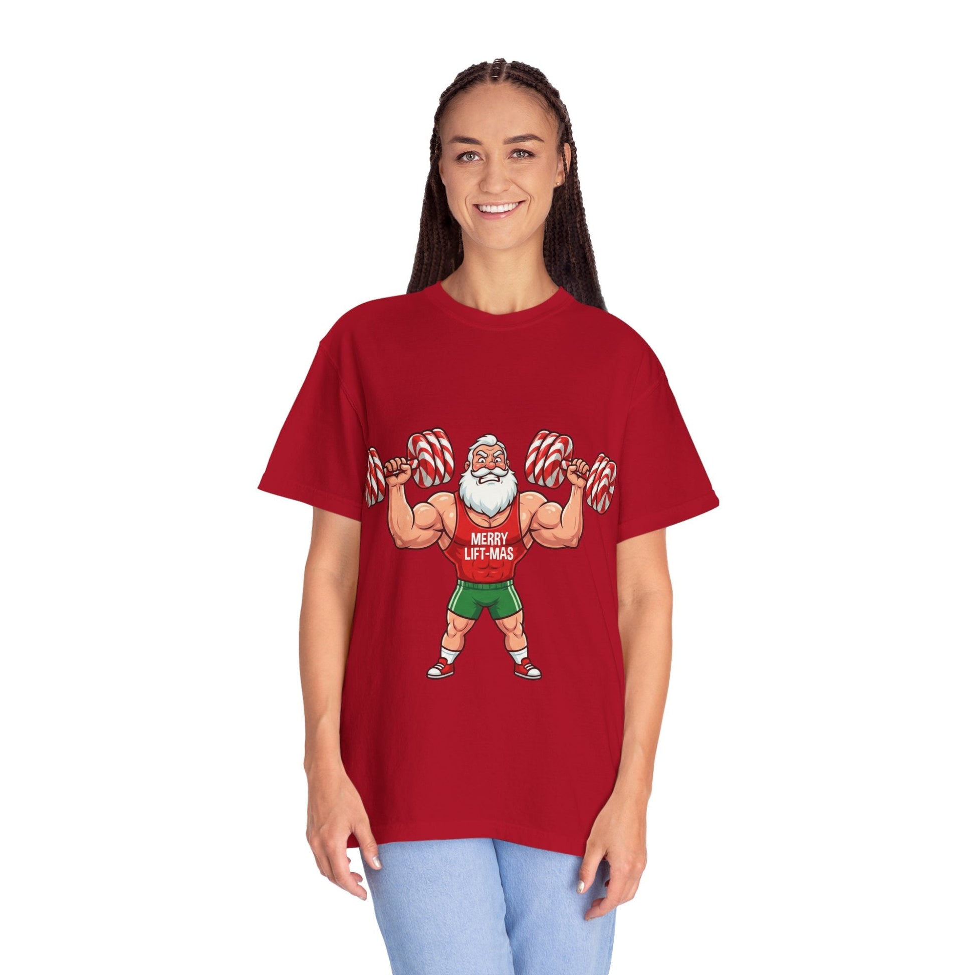Lift - Mas: Holiday Fitness Fusion, Muscular Santa Comic Book StyleT-Shirt – Custom T-Shirt by PixelCraft360, unique decoration for events and special gifts
