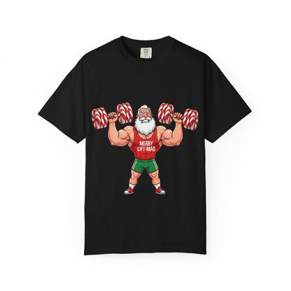 Lift - Mas: Holiday Fitness Fusion, Muscular Santa Comic Book StyleT-Shirt – Custom T-Shirt by PixelCraft360, unique decoration for events and special gifts