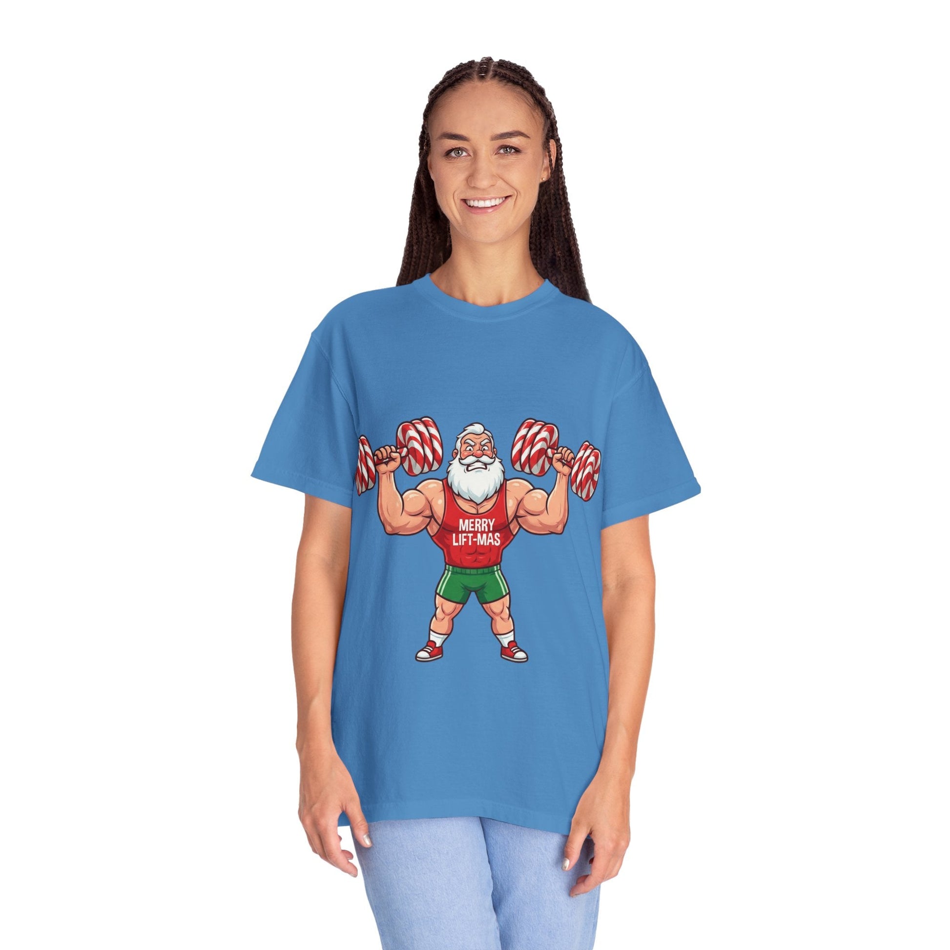 Lift - Mas: Holiday Fitness Fusion, Muscular Santa Comic Book StyleT-Shirt – Custom T-Shirt by PixelCraft360, unique decoration for events and special gifts