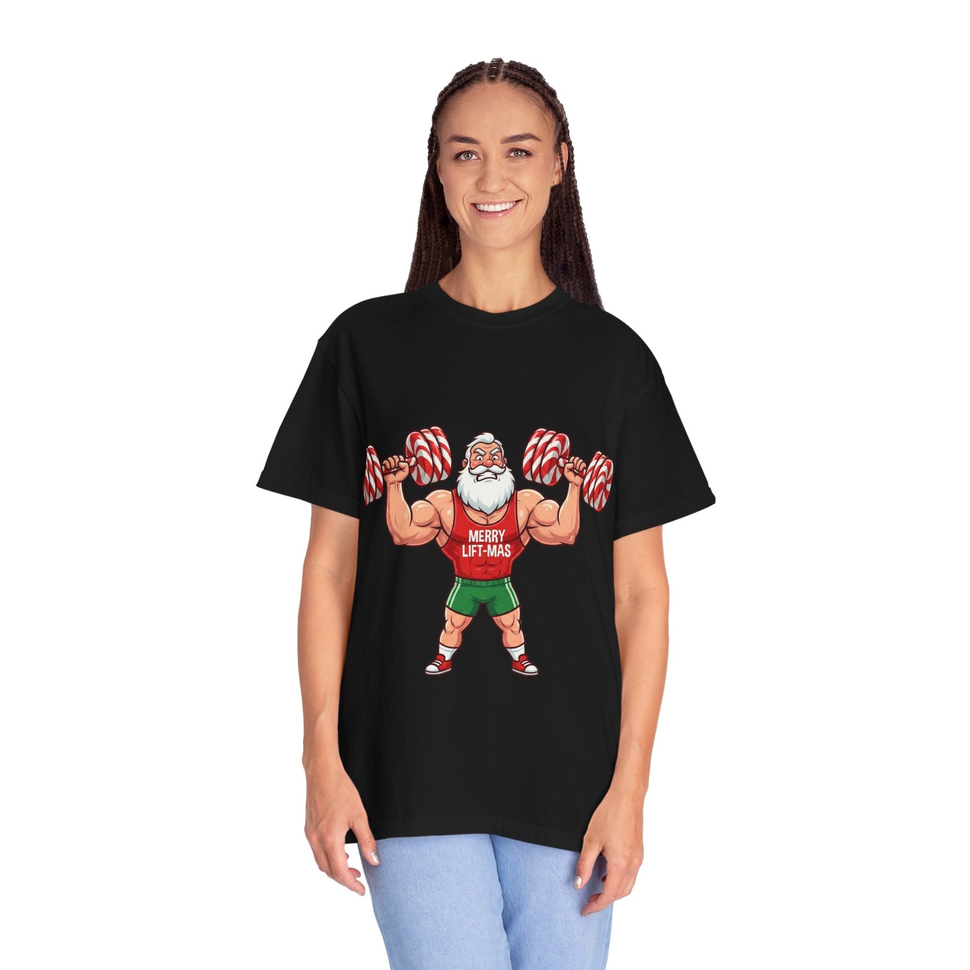 Lift - Mas: Holiday Fitness Fusion, Muscular Santa Comic Book StyleT-Shirt – Custom T-Shirt by PixelCraft360, unique decoration for events and special gifts