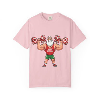 Lift - Mas: Holiday Fitness Fusion, Muscular Santa Comic Book StyleT-Shirt – Custom T-Shirt by PixelCraft360, unique decoration for events and special gifts