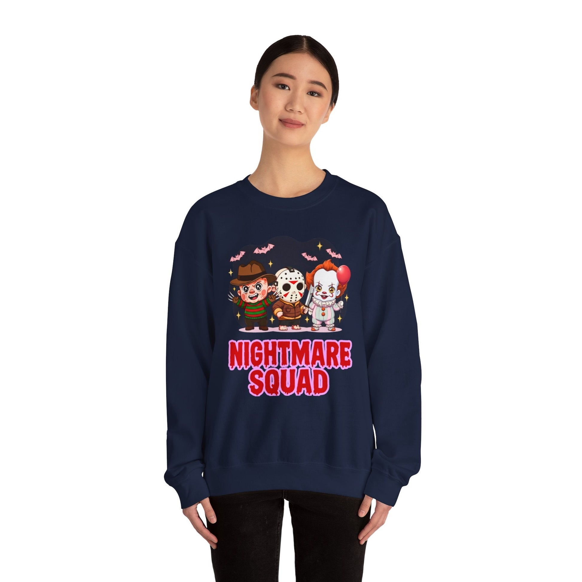 Nightmare Squad Halloween Sweatshirt | Funny Horror Characters Crewneck, Cozy Unisex Scary Movie Sweater Gift – Custom Sweatshirt by PixelCraft360, unique decoration for events and special gifts