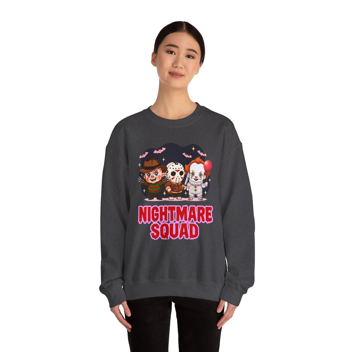 Nightmare Squad Halloween Sweatshirt | Funny Horror Characters Crewneck, Cozy Unisex Scary Movie Sweater Gift – Custom Sweatshirt by PixelCraft360, unique decoration for events and special gifts