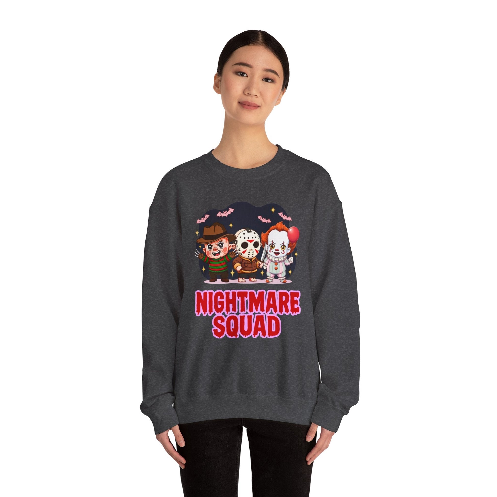 Nightmare Squad Halloween Sweatshirt | Funny Horror Characters Crewneck, Cozy Unisex Scary Movie Sweater Gift – Custom Sweatshirt by PixelCraft360, unique decoration for events and special gifts