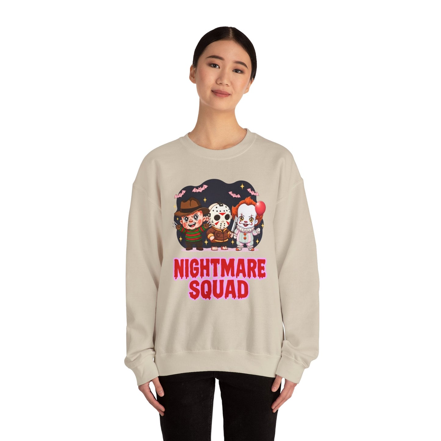 Nightmare Squad Halloween Sweatshirt | Funny Horror Characters Crewneck, Cozy Unisex Scary Movie Sweater Gift – Custom Sweatshirt by PixelCraft360, unique decoration for events and special gifts