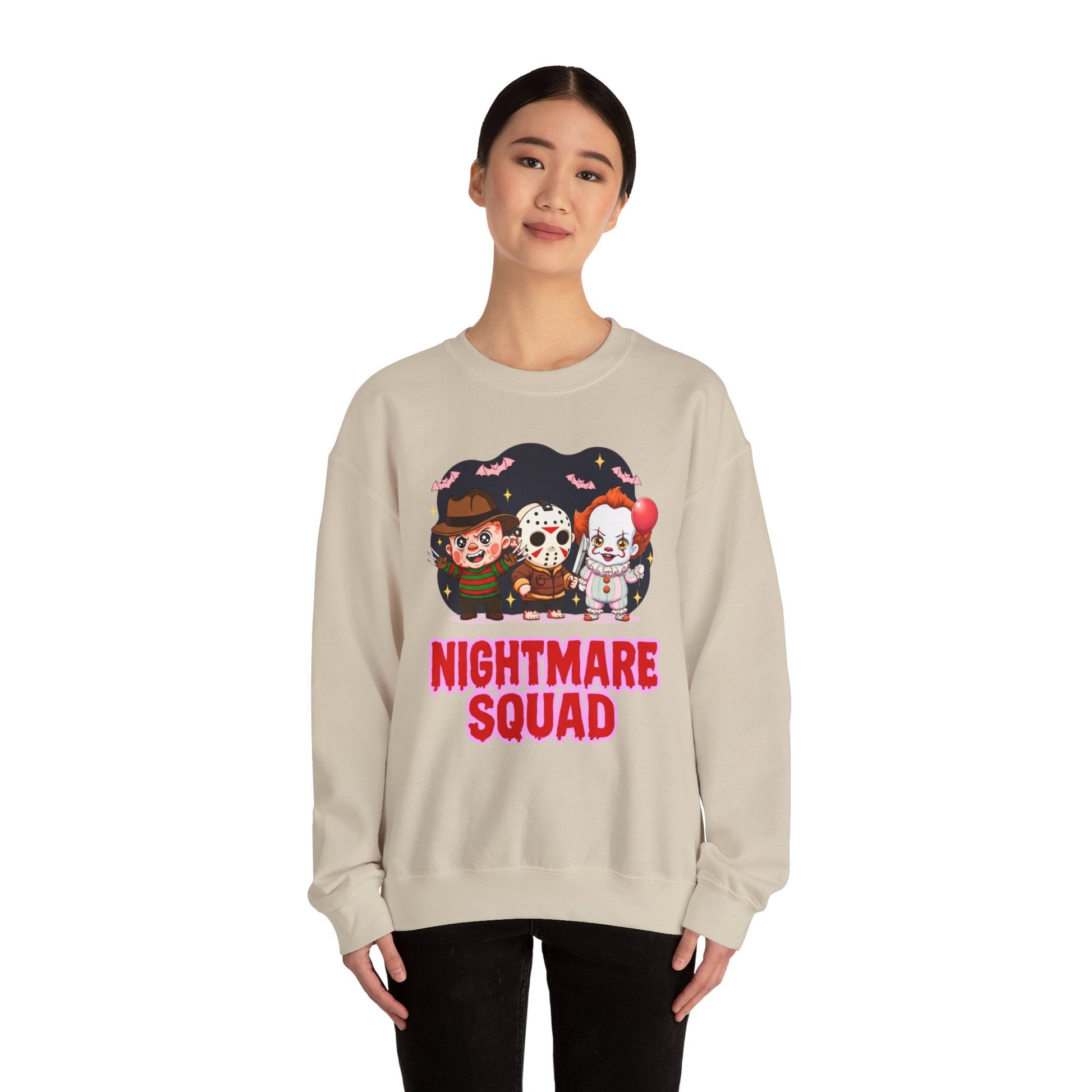 Nightmare Squad Halloween Sweatshirt | Funny Horror Characters Crewneck, Cozy Unisex Scary Movie Sweater Gift – Custom Sweatshirt by PixelCraft360, unique decoration for events and special gifts