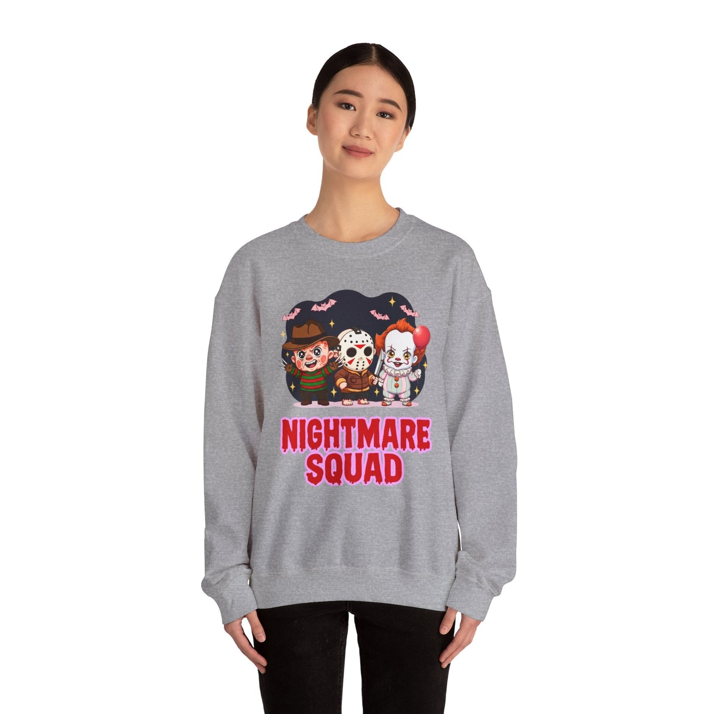 Nightmare Squad Halloween Sweatshirt | Funny Horror Characters Crewneck, Cozy Unisex Scary Movie Sweater Gift – Custom Sweatshirt by PixelCraft360, unique decoration for events and special gifts