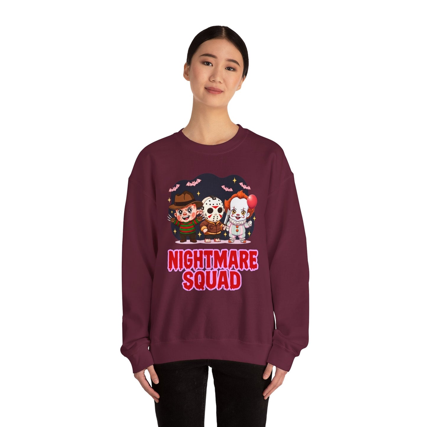 Nightmare Squad Halloween Sweatshirt | Funny Horror Characters Crewneck, Cozy Unisex Scary Movie Sweater Gift – Custom Sweatshirt by PixelCraft360, unique decoration for events and special gifts