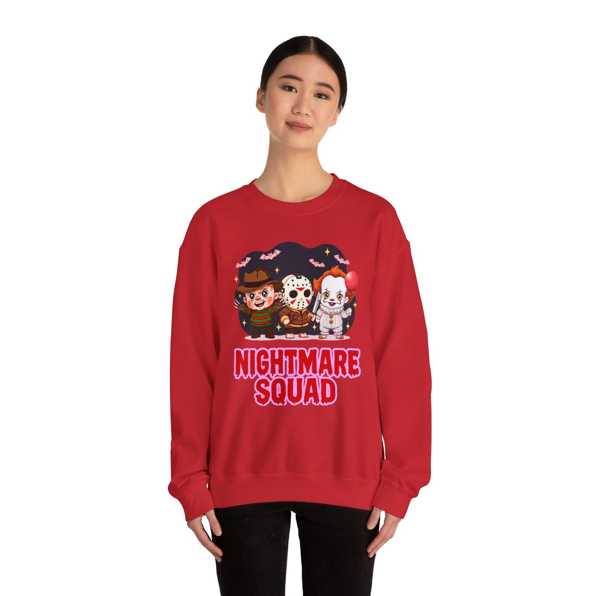 Nightmare Squad Halloween Sweatshirt | Funny Horror Characters Crewneck, Cozy Unisex Scary Movie Sweater Gift – Custom Sweatshirt by PixelCraft360, unique decoration for events and special gifts