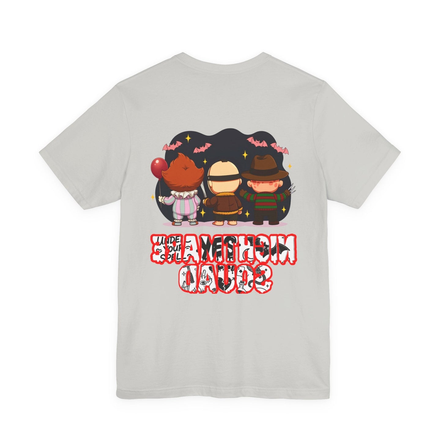Nightmare Squad Spooky Trio Unisex T‑Shirt | Cute Halloween Graphic Tee | Soft Cotton Front & Back Print – Custom T-Shirt by PixelCraft360, unique decoration for events and special gifts