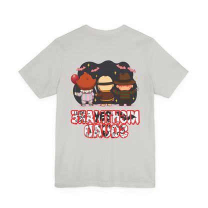 Nightmare Squad Spooky Trio Unisex T‑Shirt | Cute Halloween Graphic Tee | Soft Cotton Front & Back Print – Custom T-Shirt by PixelCraft360, unique decoration for events and special gifts