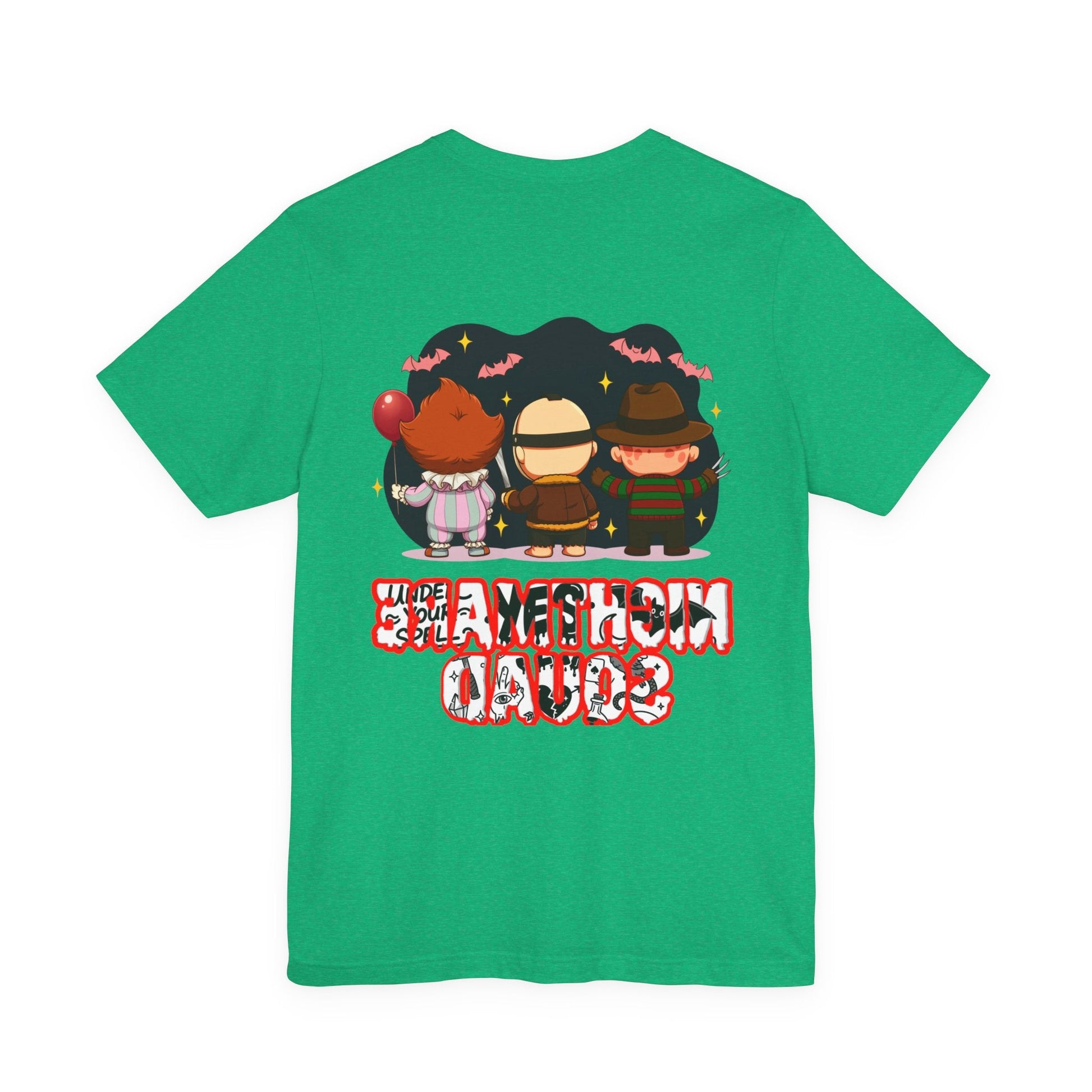 Nightmare Squad Spooky Trio Unisex T‑Shirt | Cute Halloween Graphic Tee | Soft Cotton Front & Back Print – Custom T-Shirt by PixelCraft360, unique decoration for events and special gifts