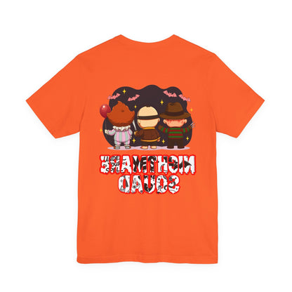 Nightmare Squad Spooky Trio Unisex T‑Shirt | Cute Halloween Graphic Tee | Soft Cotton Front & Back Print – Custom T-Shirt by PixelCraft360, unique decoration for events and special gifts