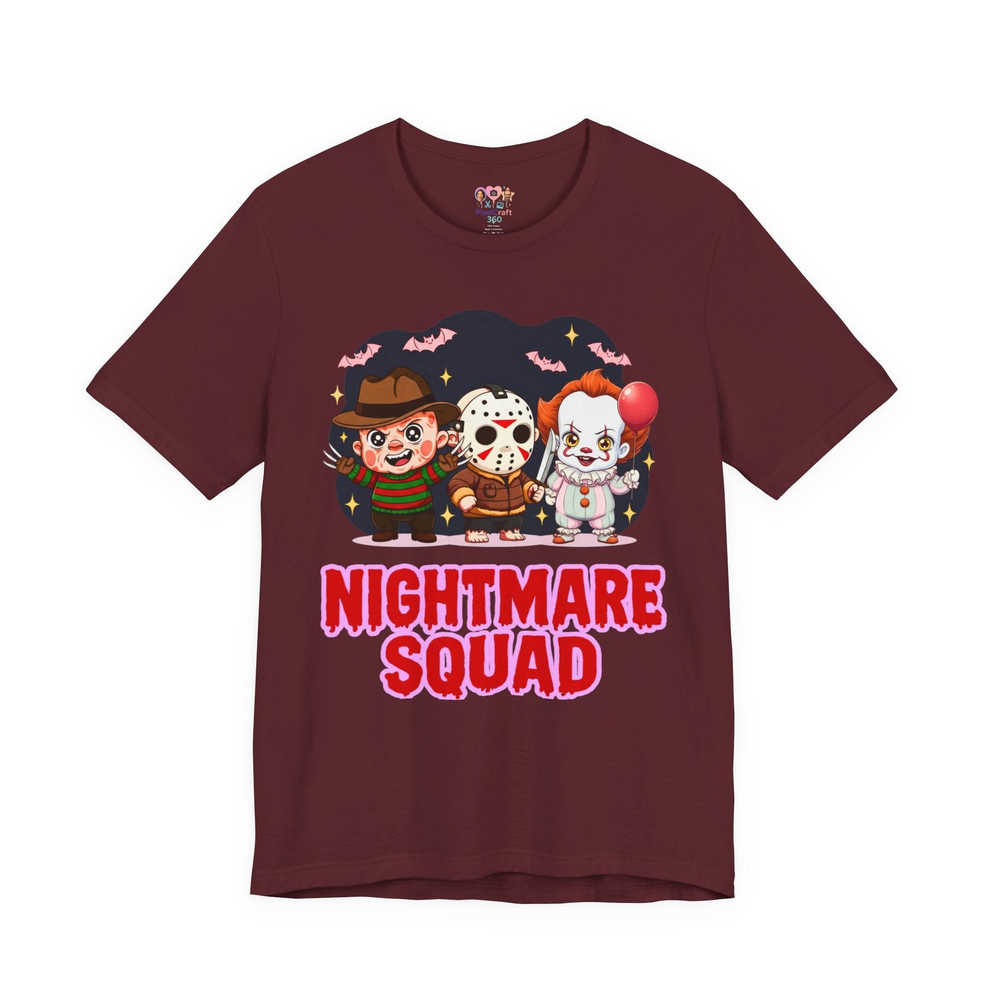 Nightmare Squad Spooky Trio Unisex T‑Shirt | Cute Halloween Graphic Tee | Soft Cotton Front & Back Print – Custom T-Shirt by PixelCraft360, unique decoration for events and special gifts