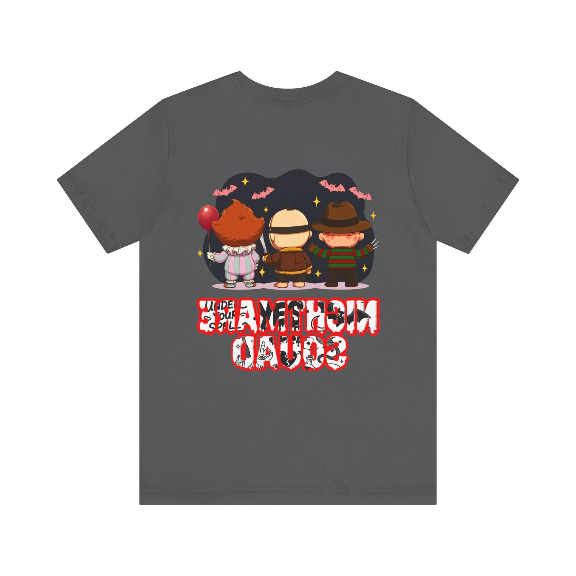Nightmare Squad Spooky Trio Unisex T‑Shirt | Cute Halloween Graphic Tee | Soft Cotton Front & Back Print – Custom T-Shirt by PixelCraft360, unique decoration for events and special gifts
