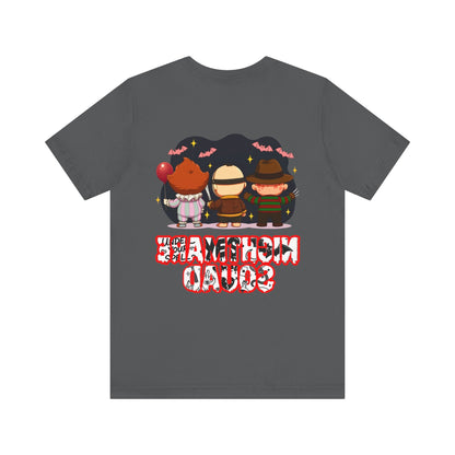 Nightmare Squad Spooky Trio Unisex T‑Shirt | Cute Halloween Graphic Tee | Soft Cotton Front & Back Print – Custom T-Shirt by PixelCraft360, unique decoration for events and special gifts