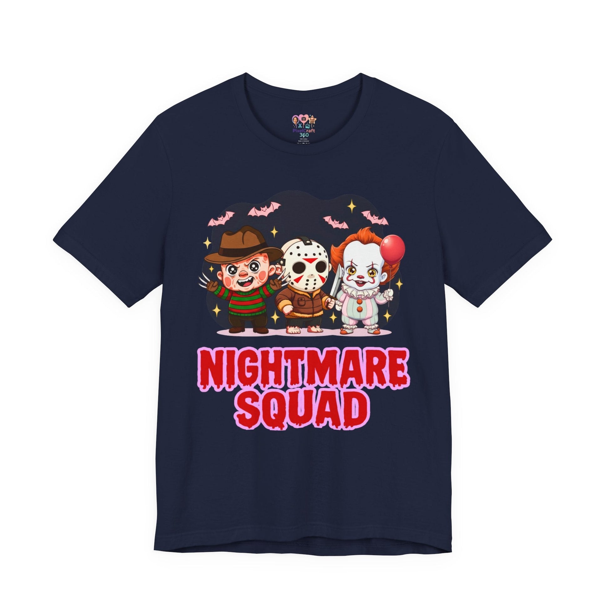 Nightmare Squad Spooky Trio Unisex T‑Shirt | Cute Halloween Graphic Tee | Soft Cotton Front & Back Print – Custom T-Shirt by PixelCraft360, unique decoration for events and special gifts