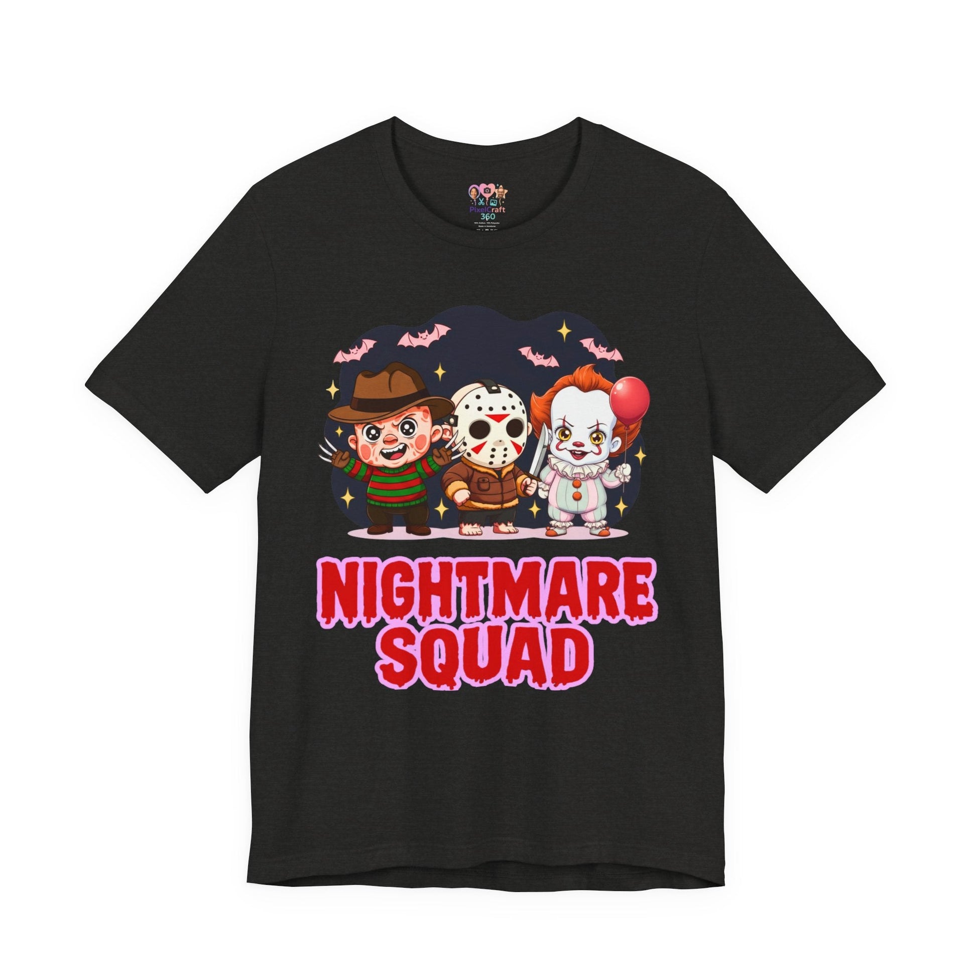 Nightmare Squad Spooky Trio Unisex T‑Shirt | Cute Halloween Graphic Tee | Soft Cotton Front & Back Print – Custom T-Shirt by PixelCraft360, unique decoration for events and special gifts
