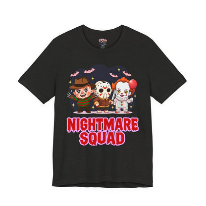 Nightmare Squad Spooky Trio Unisex T‑Shirt | Cute Halloween Graphic Tee | Soft Cotton Front & Back Print – Custom T-Shirt by PixelCraft360, unique decoration for events and special gifts