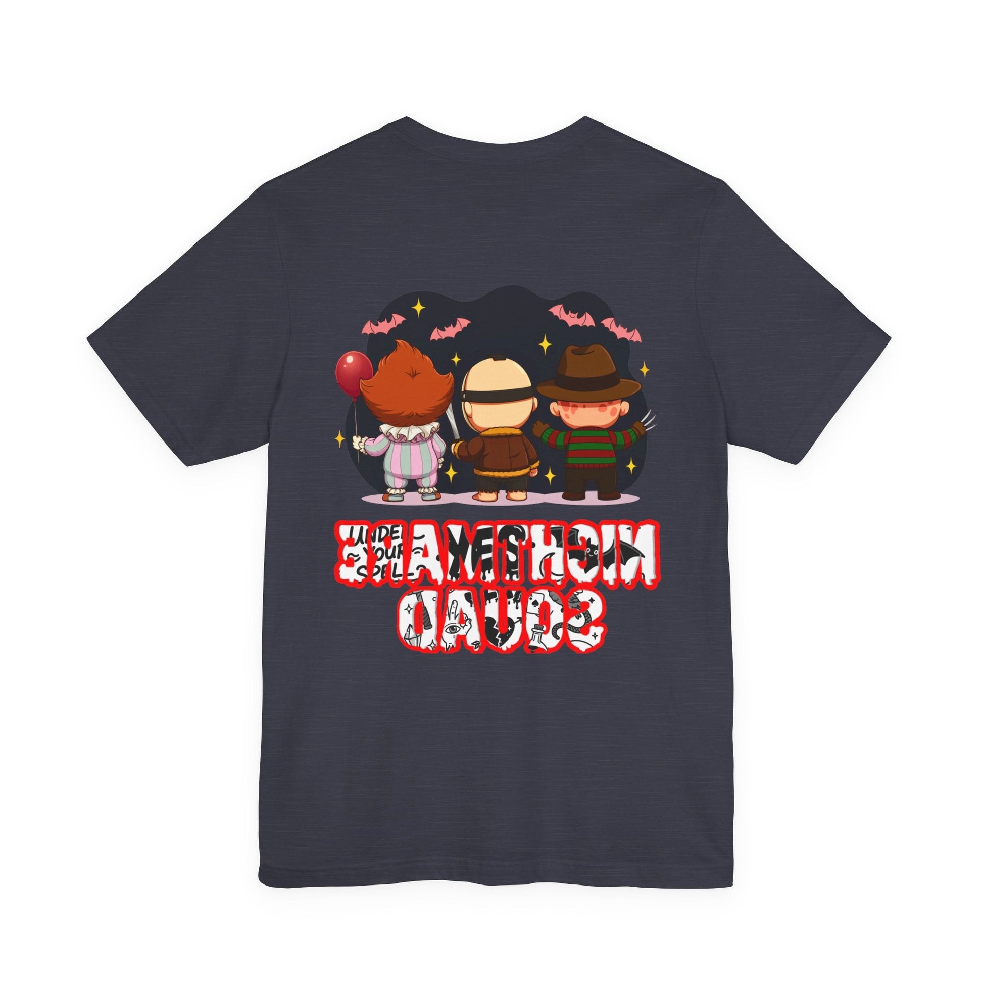 Nightmare Squad Spooky Trio Unisex T‑Shirt | Cute Halloween Graphic Tee | Soft Cotton Front & Back Print – Custom T-Shirt by PixelCraft360, unique decoration for events and special gifts