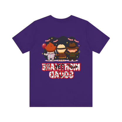 Nightmare Squad Spooky Trio Unisex T‑Shirt | Cute Halloween Graphic Tee | Soft Cotton Front & Back Print – Custom T-Shirt by PixelCraft360, unique decoration for events and special gifts