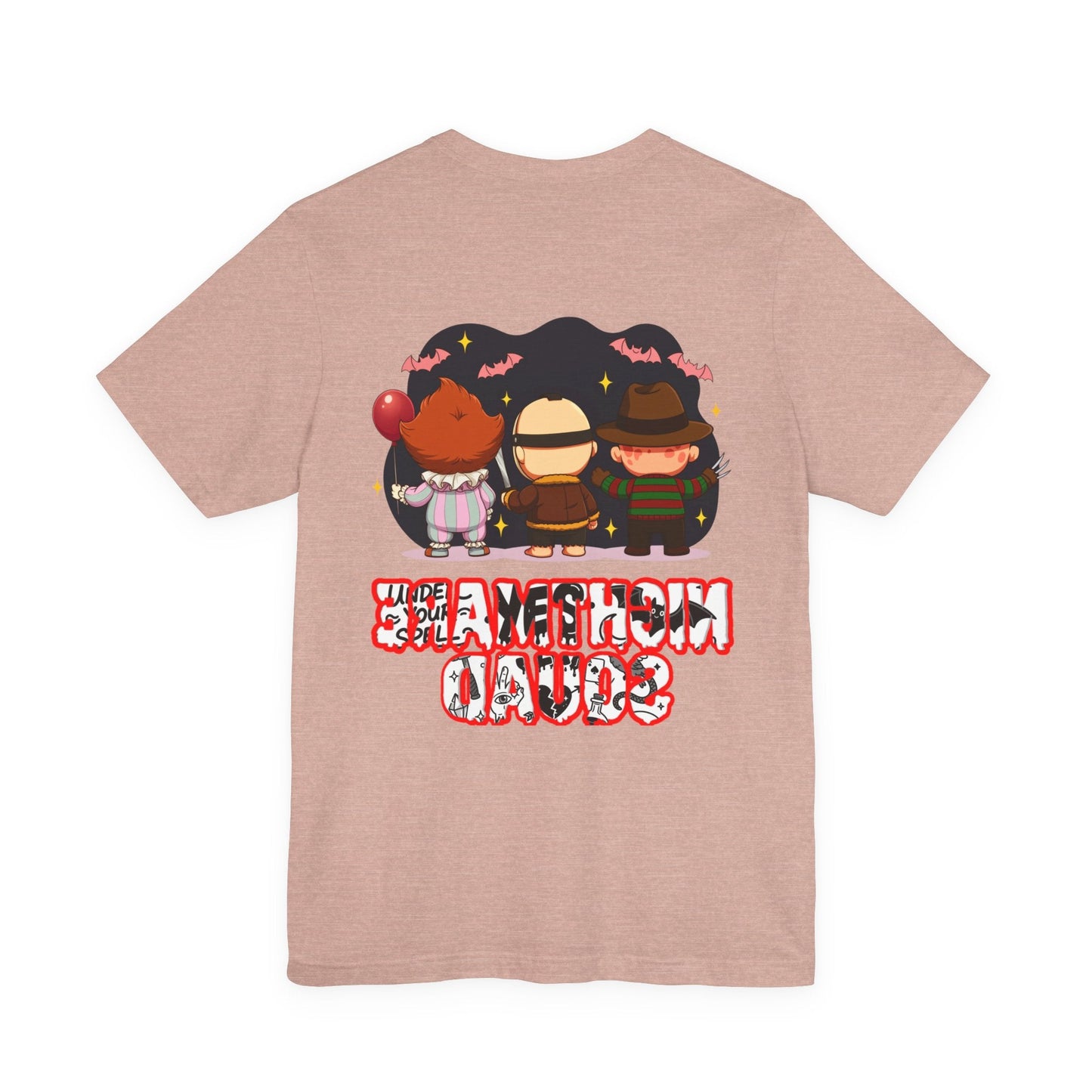 Nightmare Squad Spooky Trio Unisex T‑Shirt | Cute Halloween Graphic Tee | Soft Cotton Front & Back Print – Custom T-Shirt by PixelCraft360, unique decoration for events and special gifts