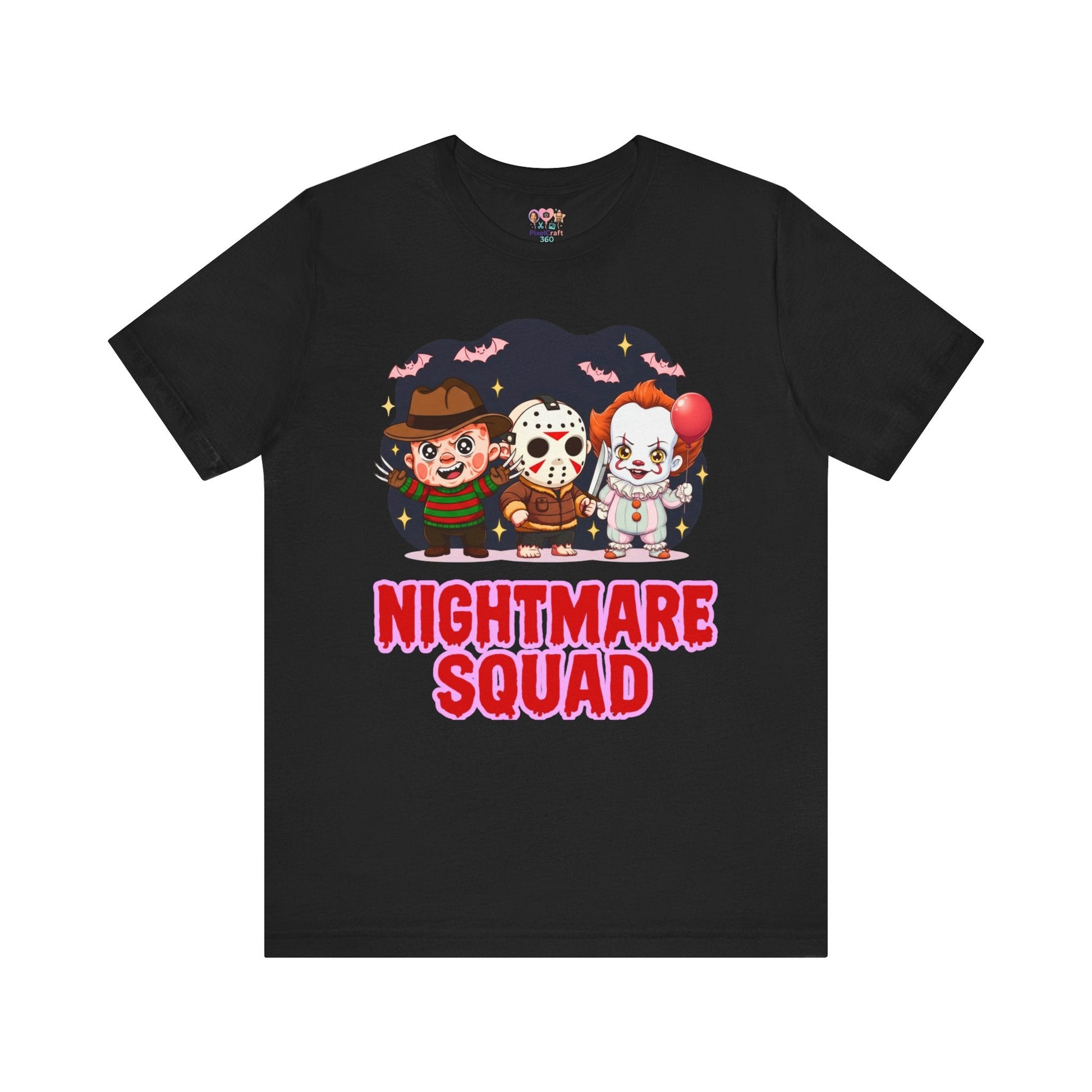 Nightmare Squad Spooky Trio Unisex T‑Shirt | Cute Halloween Graphic Tee | Soft Cotton Front & Back Print – Custom T-Shirt by PixelCraft360, unique decoration for events and special gifts
