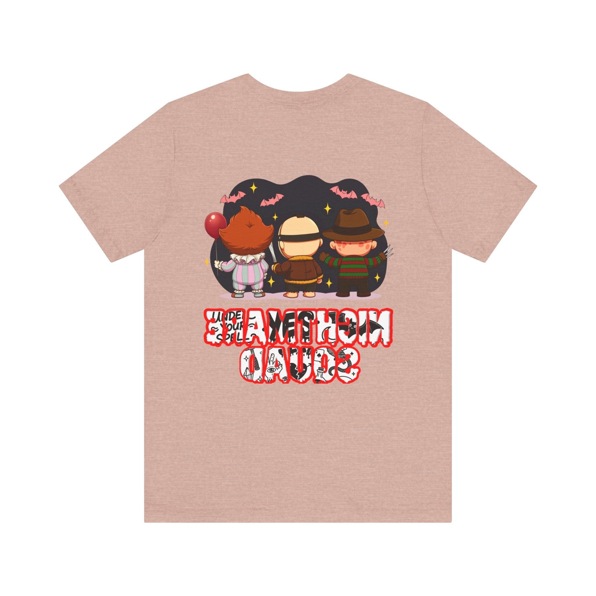 Nightmare Squad Spooky Trio Unisex T‑Shirt | Cute Halloween Graphic Tee | Soft Cotton Front & Back Print – Custom T-Shirt by PixelCraft360, unique decoration for events and special gifts
