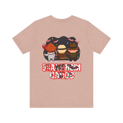 Nightmare Squad Spooky Trio Unisex T‑Shirt | Cute Halloween Graphic Tee | Soft Cotton Front & Back Print – Custom T-Shirt by PixelCraft360, unique decoration for events and special gifts