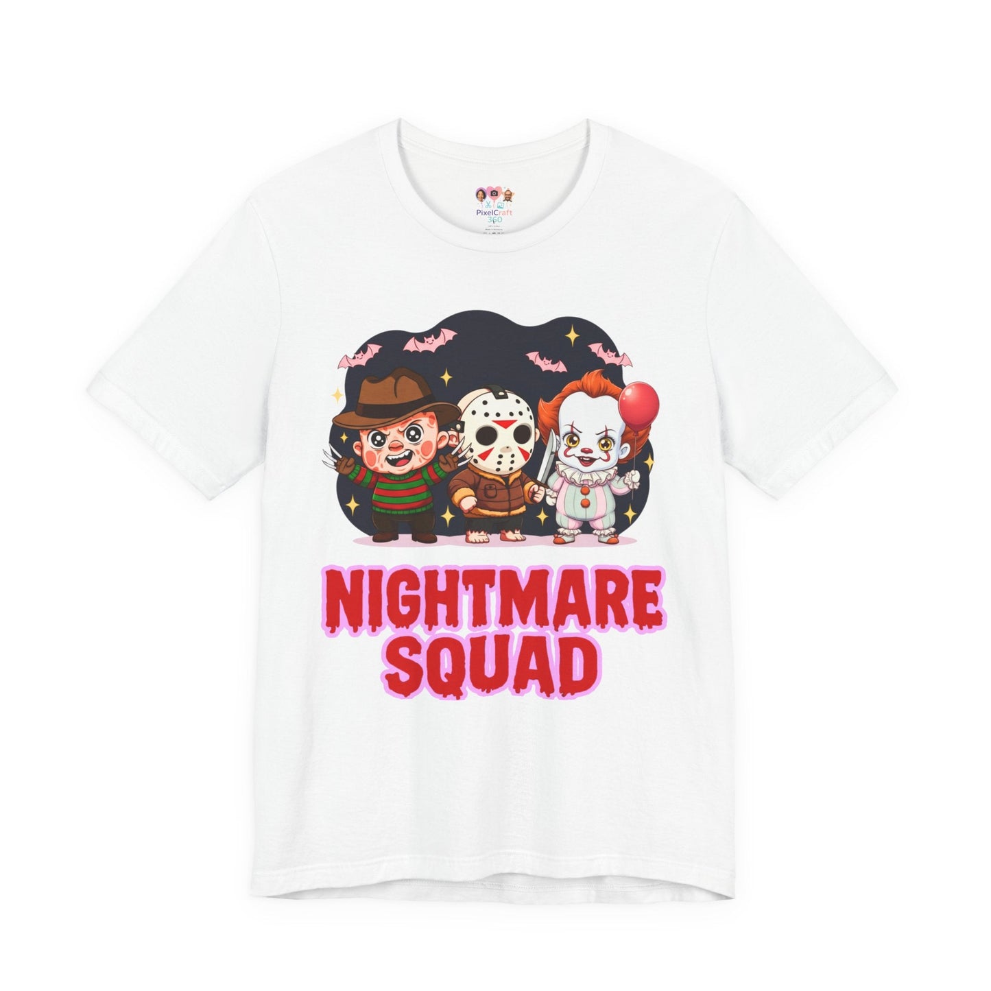 Nightmare Squad Spooky Trio Unisex T‑Shirt | Cute Halloween Graphic Tee | Soft Cotton Front & Back Print – Custom T-Shirt by PixelCraft360, unique decoration for events and special gifts