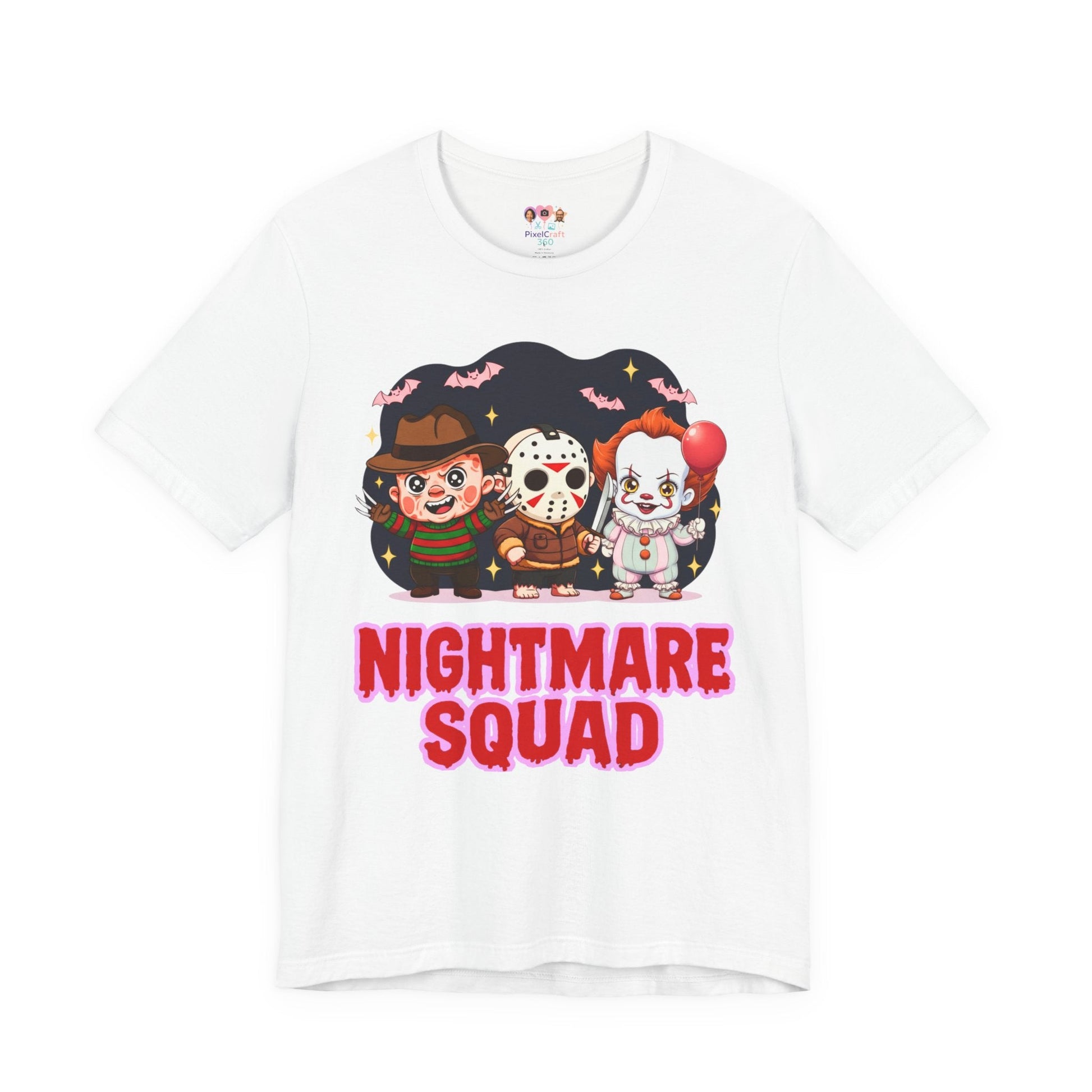 Nightmare Squad Spooky Trio Unisex T‑Shirt | Cute Halloween Graphic Tee | Soft Cotton Front & Back Print – Custom T-Shirt by PixelCraft360, unique decoration for events and special gifts