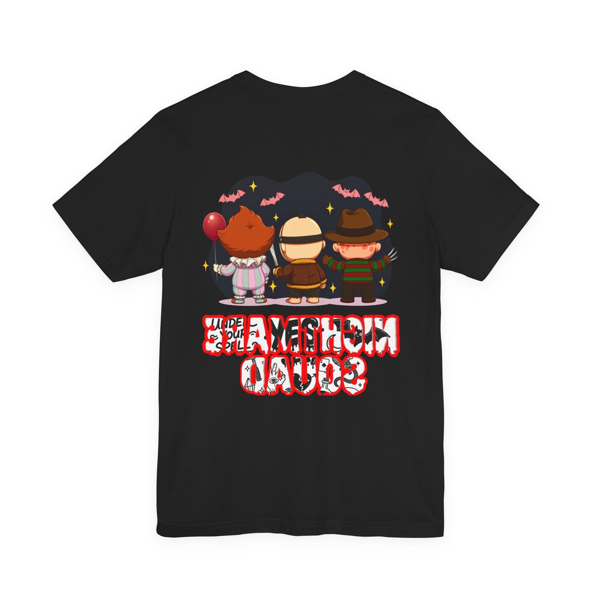 Nightmare Squad Spooky Trio Unisex T‑Shirt | Cute Halloween Graphic Tee | Soft Cotton Front & Back Print – Custom T-Shirt by PixelCraft360, unique decoration for events and special gifts