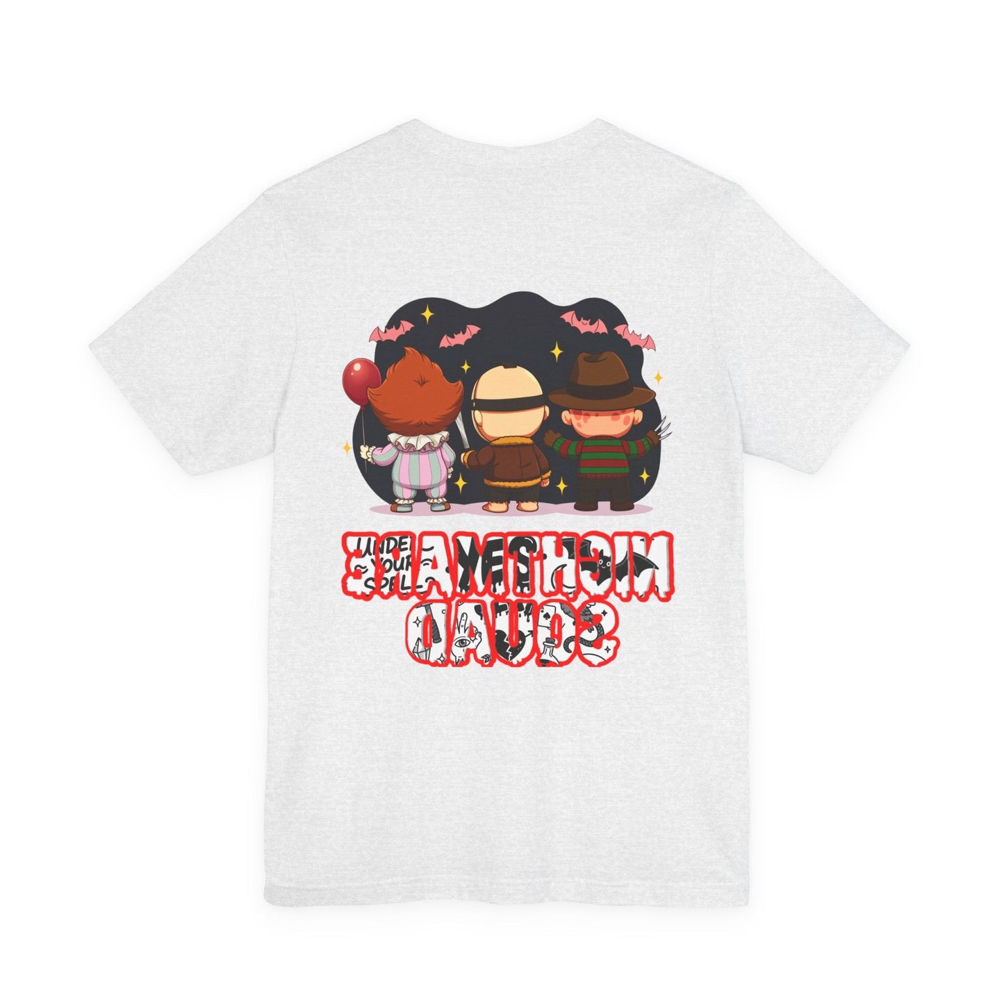 Nightmare Squad Spooky Trio Unisex T‑Shirt | Cute Halloween Graphic Tee | Soft Cotton Front & Back Print – Custom T-Shirt by PixelCraft360, unique decoration for events and special gifts
