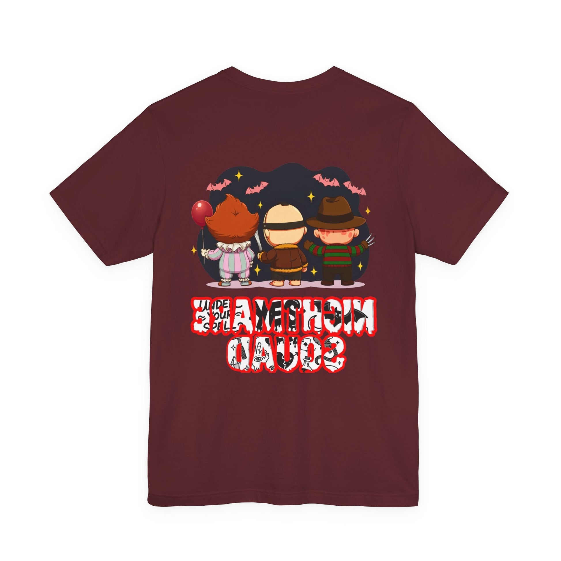 Nightmare Squad Spooky Trio Unisex T‑Shirt | Cute Halloween Graphic Tee | Soft Cotton Front & Back Print – Custom T-Shirt by PixelCraft360, unique decoration for events and special gifts