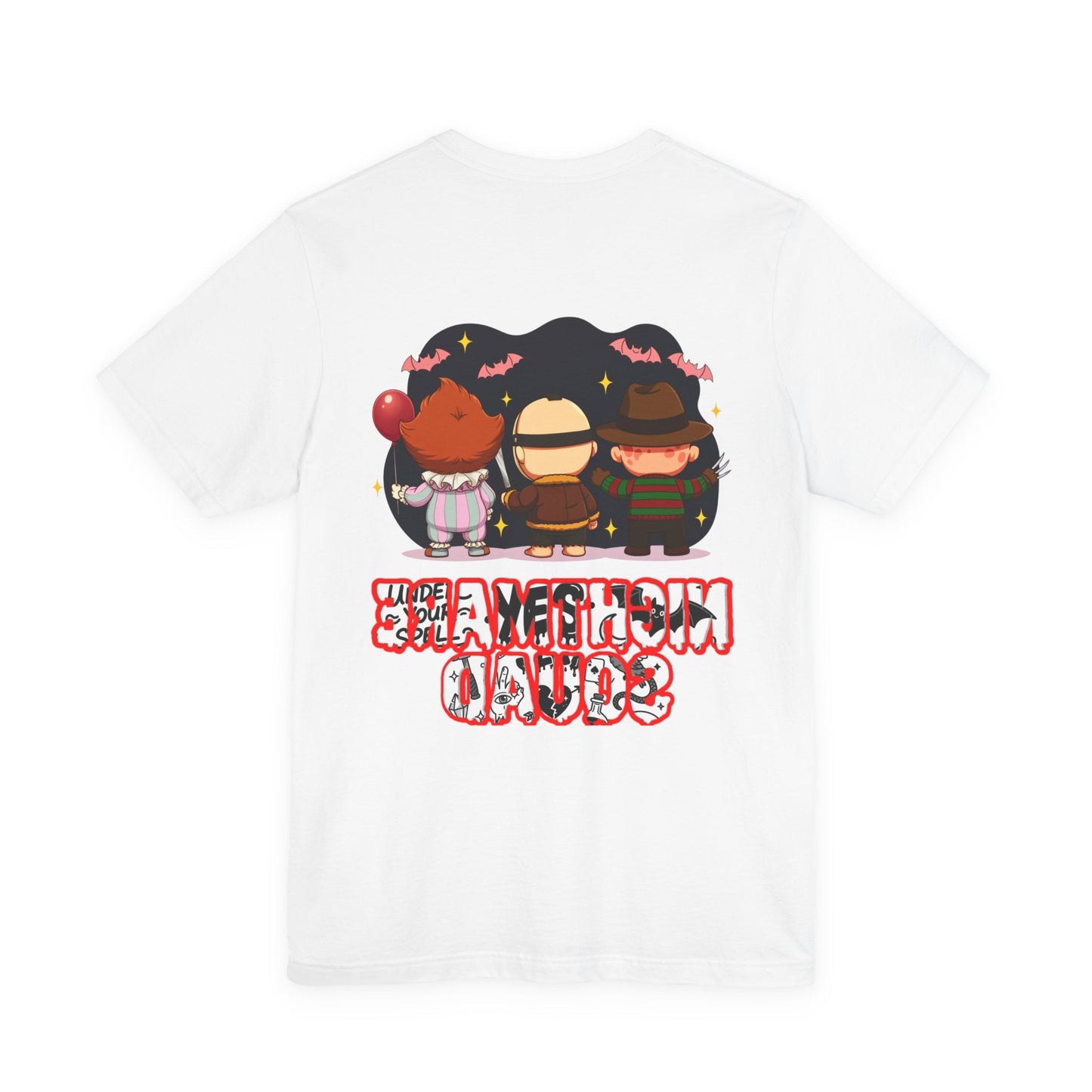 Nightmare Squad Spooky Trio Unisex T‑Shirt | Cute Halloween Graphic Tee | Soft Cotton Front & Back Print – Custom T-Shirt by PixelCraft360, unique decoration for events and special gifts