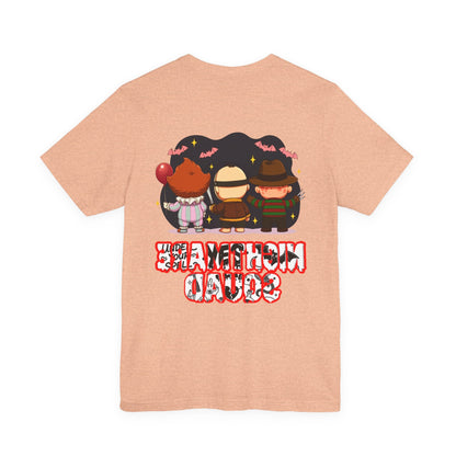 Nightmare Squad Spooky Trio Unisex T‑Shirt | Cute Halloween Graphic Tee | Soft Cotton Front & Back Print – Custom T-Shirt by PixelCraft360, unique decoration for events and special gifts