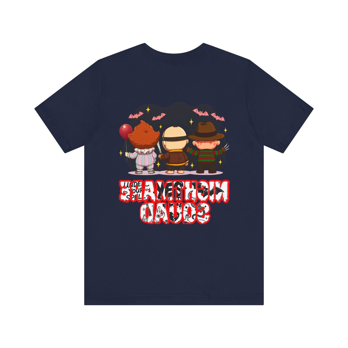 Nightmare Squad Spooky Trio Unisex T‑Shirt | Cute Halloween Graphic Tee | Soft Cotton Front & Back Print – Custom T-Shirt by PixelCraft360, unique decoration for events and special gifts