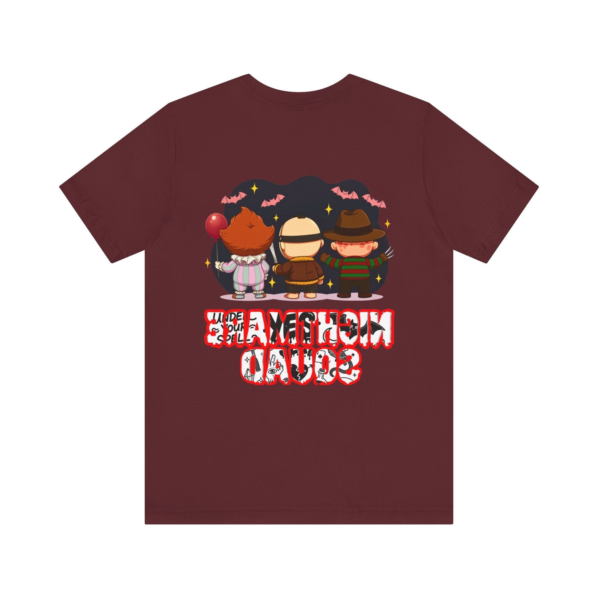 Nightmare Squad Spooky Trio Unisex T‑Shirt | Cute Halloween Graphic Tee | Soft Cotton Front & Back Print – Custom T-Shirt by PixelCraft360, unique decoration for events and special gifts