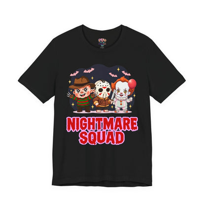 Nightmare Squad Spooky Trio Unisex T‑Shirt | Cute Halloween Graphic Tee | Soft Cotton Front & Back Print – Custom T-Shirt by PixelCraft360, unique decoration for events and special gifts