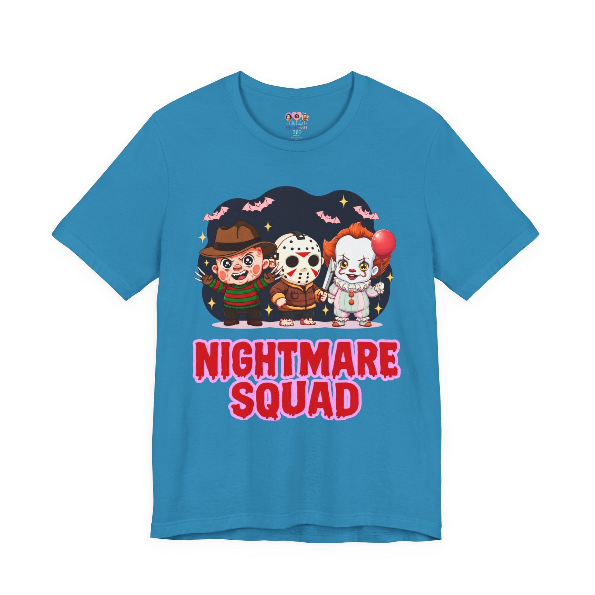 Nightmare Squad Spooky Trio Unisex T‑Shirt | Cute Halloween Graphic Tee | Soft Cotton Front & Back Print – Custom T-Shirt by PixelCraft360, unique decoration for events and special gifts