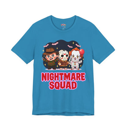 Nightmare Squad Spooky Trio Unisex T‑Shirt | Cute Halloween Graphic Tee | Soft Cotton Front & Back Print – Custom T-Shirt by PixelCraft360, unique decoration for events and special gifts