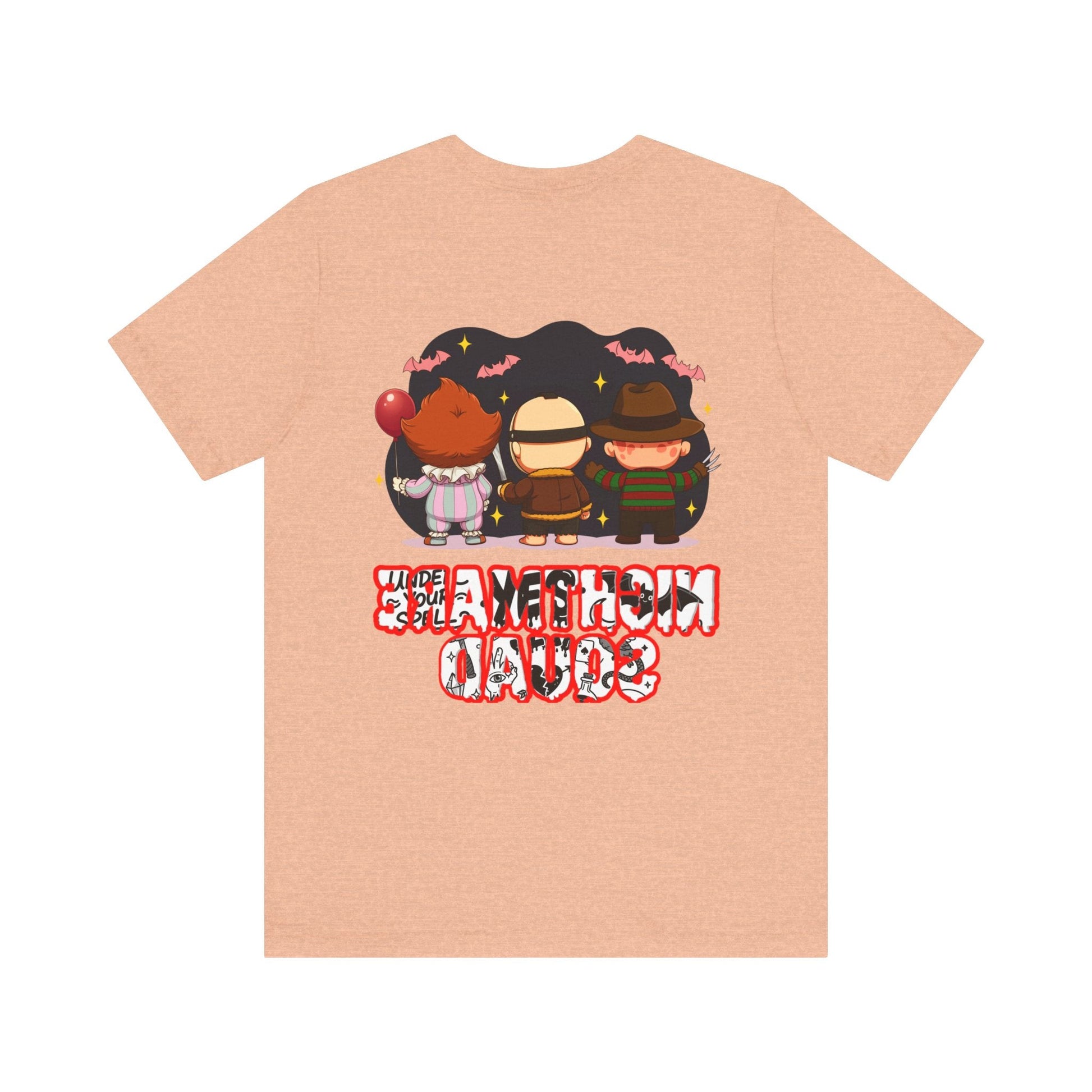Nightmare Squad Spooky Trio Unisex T‑Shirt | Cute Halloween Graphic Tee | Soft Cotton Front & Back Print – Custom T-Shirt by PixelCraft360, unique decoration for events and special gifts