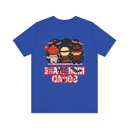 Nightmare Squad Spooky Trio Unisex T‑Shirt | Cute Halloween Graphic Tee | Soft Cotton Front & Back Print – Custom T-Shirt by PixelCraft360, unique decoration for events and special gifts
