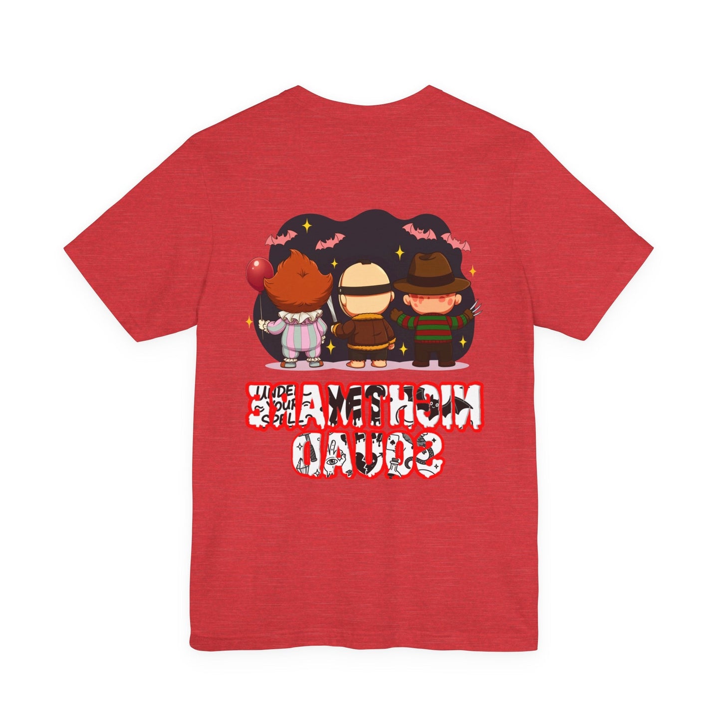Nightmare Squad Spooky Trio Unisex T‑Shirt | Cute Halloween Graphic Tee | Soft Cotton Front & Back Print – Custom T-Shirt by PixelCraft360, unique decoration for events and special gifts
