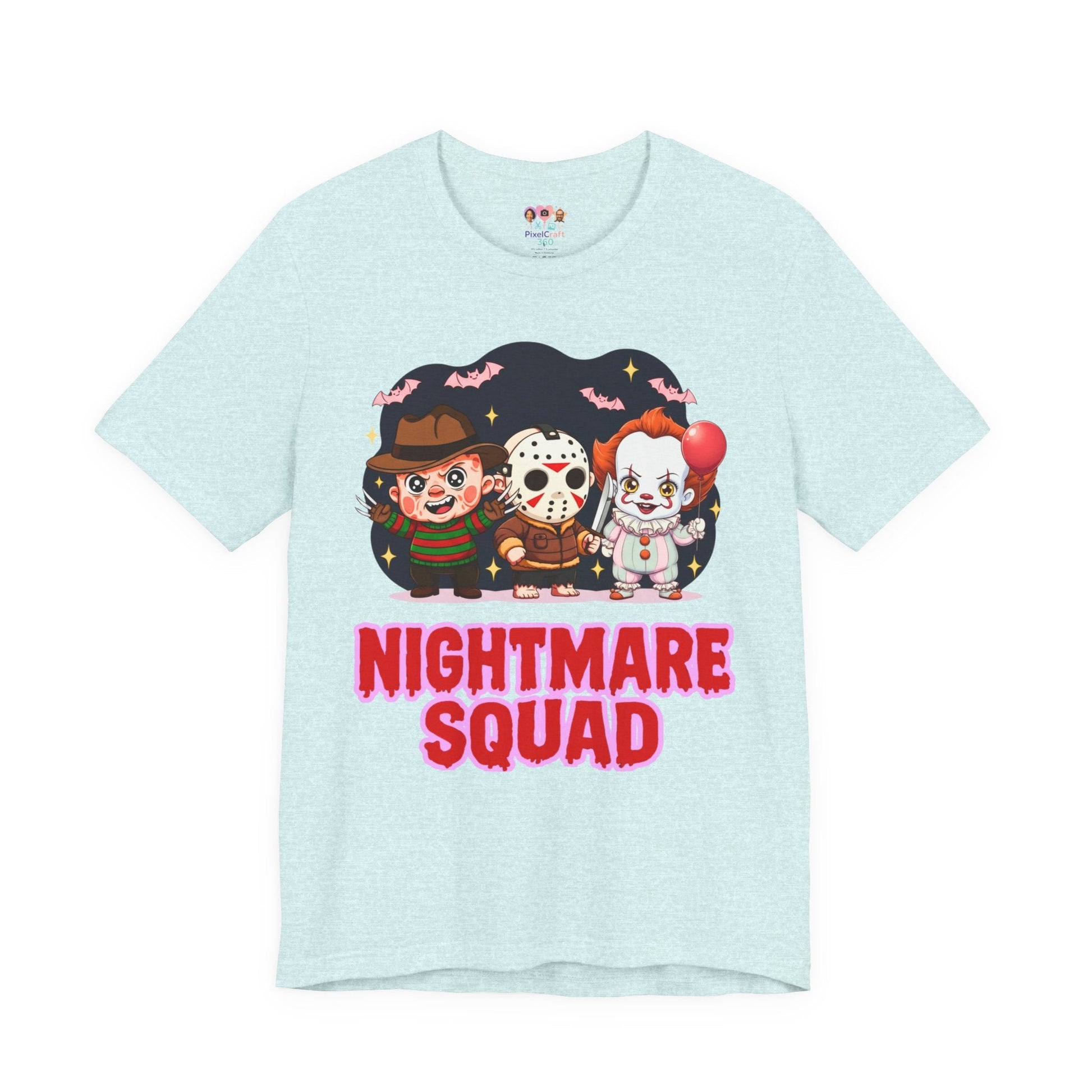 Nightmare Squad Spooky Trio Unisex T‑Shirt | Cute Halloween Graphic Tee | Soft Cotton Front & Back Print – Custom T-Shirt by PixelCraft360, unique decoration for events and special gifts