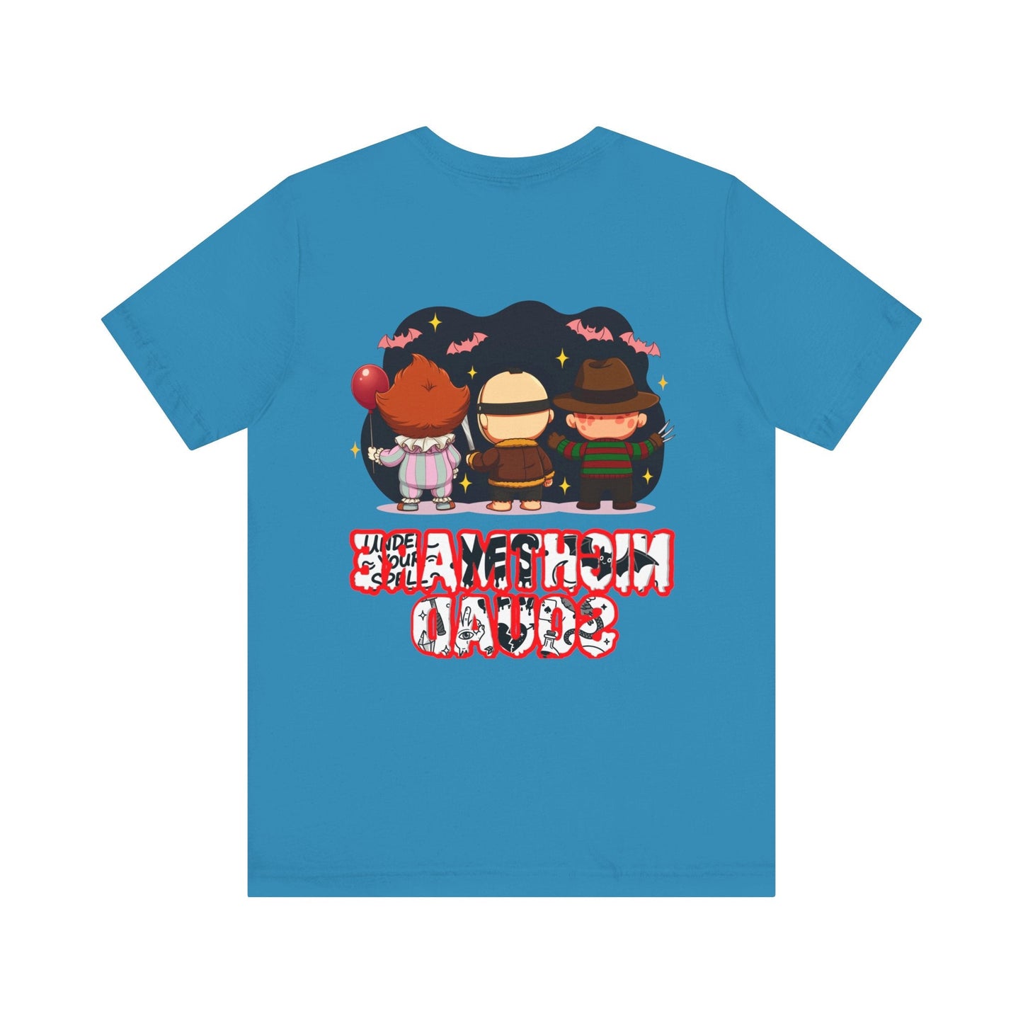 Nightmare Squad Spooky Trio Unisex T‑Shirt | Cute Halloween Graphic Tee | Soft Cotton Front & Back Print – Custom T-Shirt by PixelCraft360, unique decoration for events and special gifts